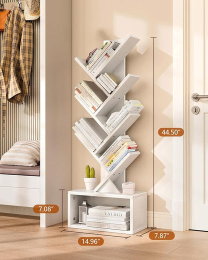 Evermagin 6 Tier Tree Bookshelf with Lights, LED Book Tree Bookcase with Storage Organizer, Small Corner Bookshelf Floor Standing Book Shelf for Living Room, Bedroom & Home Office, White