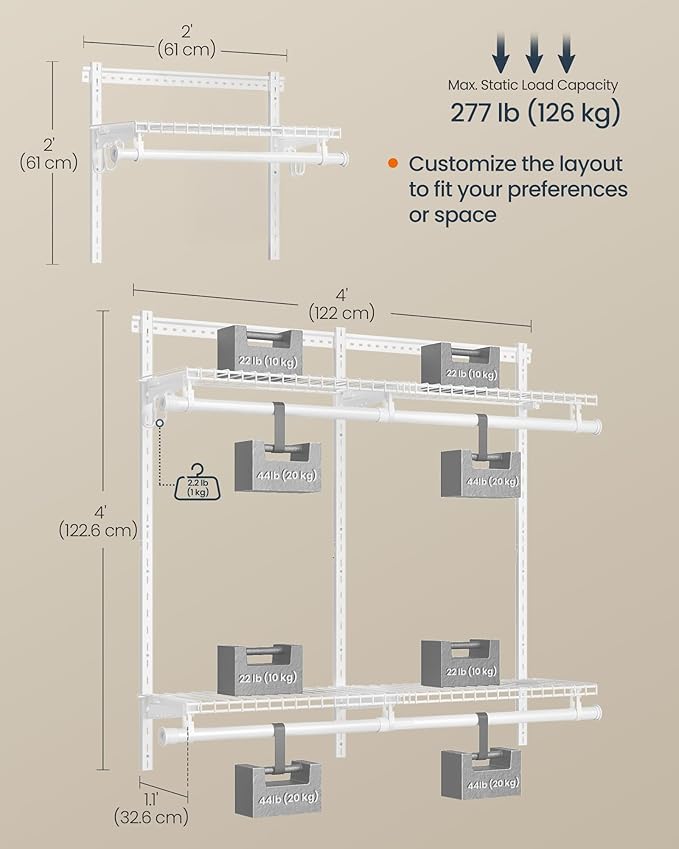 SONGMICS HOME Closet System, Closet Insert Organizer, 4-6 ft, Adjustable Metal Shelving Unit with 4 Hanging Rods, 4 Shelves, and Hooks, for Pantry Mudroom Garage Basement, Cloud White URGR031W01