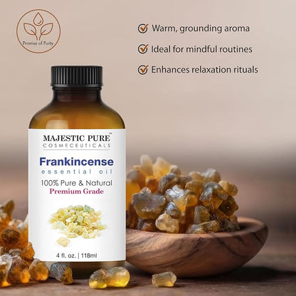 Majestic Pure Essential Oil with Glass Dropper - 100% Pure and Natural - Essential Oils for Diffuser, Aromatherapy, Soap and Candle Making, Frankincense Essential Oil, Frankincense Oil, 4 Fl Oz