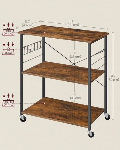 VASAGLE Kitchen Shelf on Wheels, 31.5 Inches Serving Cart with 3 Shelves, Kitchen Cart, Microwave Shelf, for Mini Oven, Toaster, with 6 Hooks, Industrial Style, Rustic Brown and Ink Black UKKS067K01