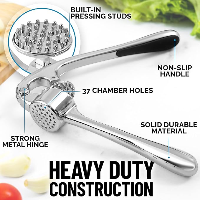 Zulay Kitchen Premium Garlic Press Set - Rust Proof Professional Garlic Mincer Tool - Easy-Squeeze, Easy-Clean with Soft, Ergonomic Handle - Silicone Garlic Peeler & Brush (Chrome)