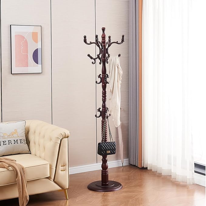 Wood Coat Rack Freestanding, Wooden Entryway Tree Coat Rack Stand Coat Hanger Stand, High-grade Hat Tree with 14 Hooks & Stable Disc Base