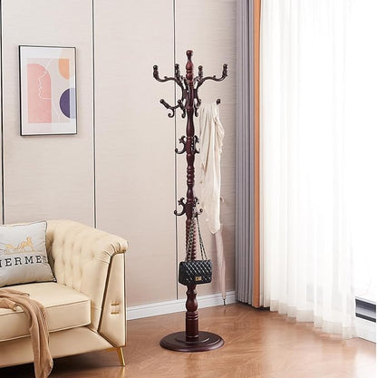 Wood Coat Rack Freestanding, Wooden Entryway Tree Coat Rack Stand Coat Hanger Stand, High-grade Hat Tree with 14 Hooks & Stable Disc Base
