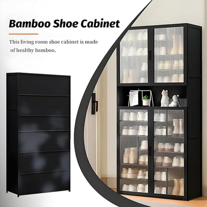 Tall Shoe Cabinet, 11 Tier Bamboo Shoe Rack with Doors, 40-45 Pairs Large Capacity Shoe Storage Cabinet Organizer, Narrow Shoe Shelf for Entryway, Hallway, Living Room