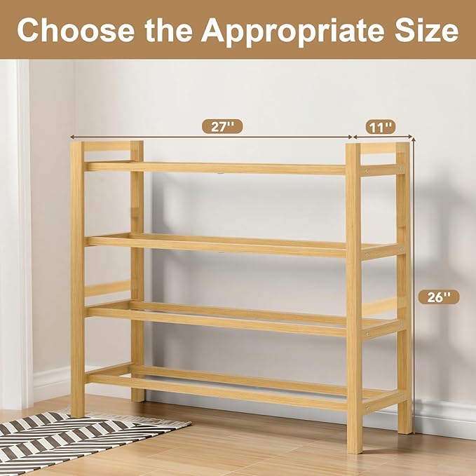 Haddockway Bamboo Shoe Rack for Closet, Free Standing Shoe Organizer with Smooth Round Rods & Convenient Handles, Stackable Shoe Storage Shelf for Entryway, Hallway(Natural, 4-Tier)