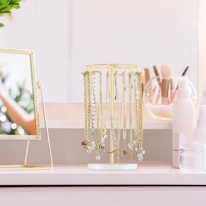 Mkono Necklace Holder Metal Jewelry Display Stand Necklace Organizer with 22 Hooks for Storage and Hanging Bracelet Keychain Home Room Decor for Women,Gold