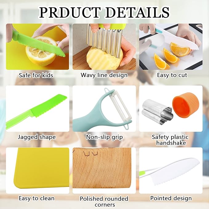 RISICULIS 11 Pieces Wooden Kids Kitchen Knife, Kids Kitchen Set Include Wood Knife, Serrated Edges Plastic Toddler Knife, Kids Kitchen Accessories, Montessori Cooking Christmas Gifts for Boys Girls