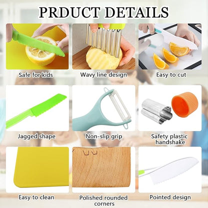 RISICULIS 11 Pieces Wooden Kids Kitchen Knife, Kids Kitchen Set Include Wood Knife, Serrated Edges Plastic Toddler Knife, Kids Kitchen Accessories, Montessori Cooking Christmas Gifts for Boys Girls