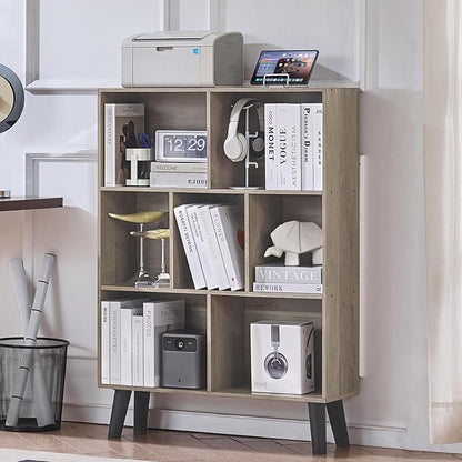 LEYAOYAO Cube Bookshelf 3 Tier Mid-Century Retro Grey Modern Bookcase with Legs,Retro Wood Bookshelves Storage Organizer Shelf,Freestanding Open Book Shelves for Bedroom,Living Room,Office