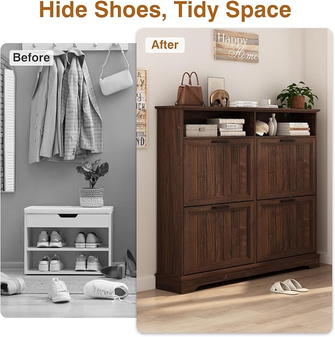 Shoe Storage Cabinet with 4 Flip Drawers, Farmhouse Modern Hidden Shoes Rack Cabinet with Adjustable Shelves & Open Storage, Narrow Slim Shoe Organizer for Front Door Entrance, Entryway, Walnut