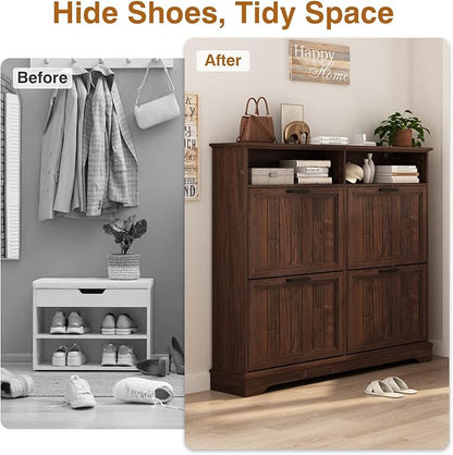 Shoe Storage Cabinet with 4 Flip Drawers, Farmhouse Modern Hidden Shoes Rack Cabinet with Adjustable Shelves & Open Storage, Narrow Slim Shoe Organizer for Front Door Entrance, Entryway, Walnut