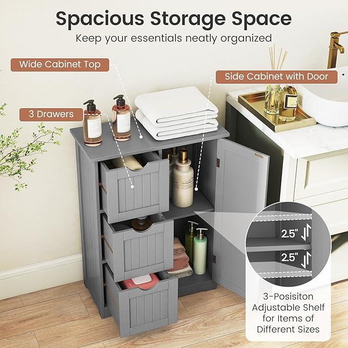 Tangkula Bathroom Floor Cabinet, Freestanding Storage Cabinet with 3 Drawers & Single Door, Adjustable Shelf, Multipurpose Bathroom Storage for Home Office, 23.5 x 12 x 32 Inches (3 Drawers, Grey)
