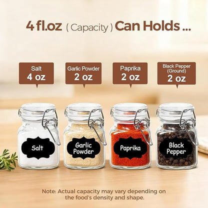ComSaf Set of 6 Square Glass Spice Jars with Airtight Lids (4 Oz), Mini Favor Jars with Wire Clamp for Honey, Herbs & Farmhouse Kitchen Pantry Organization, with Funnel & Labels