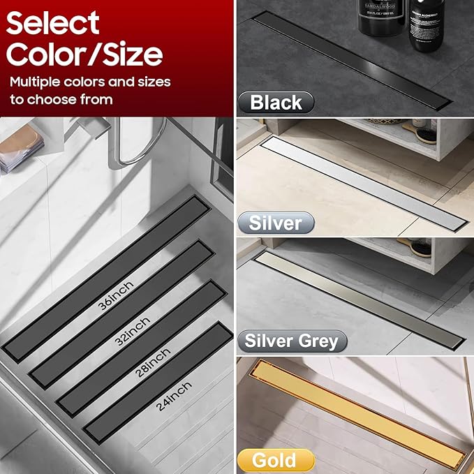 DLONE Linear Shower Drain | 36" AISI 304 Stainless Steel Linear Drain, Matte Black Shower Drain with Tile Insert Panel & Adjustable Feet, Long Rectangle Shower Floor Drain in Bathroom, Balcony, etc