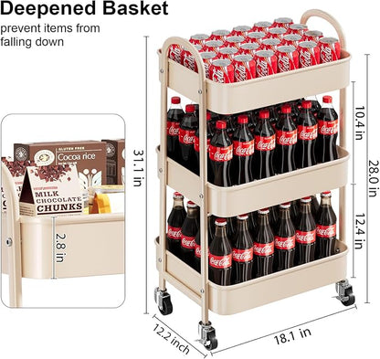 Beige 3 Tier Rolling Cart Metal on Wheels, Three Tiered Storage Organizer Utility Trolley with Wheels for Art, Craft, Baby Diaper Caddy, Snack, Book, Nail, Lash, Cleaning Supplies, Kitchen, Bathroom