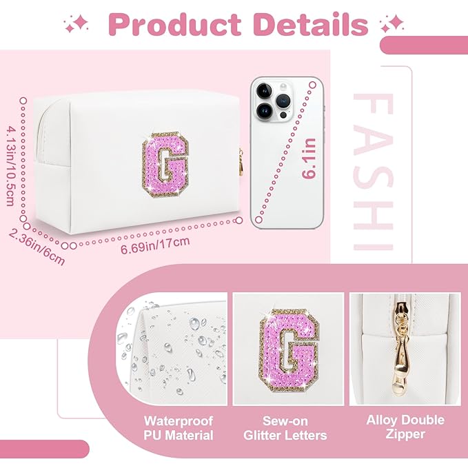 Small Initial Patch Makeup Bag Personalized Gifts Make Up Bag,White Cute PU Leather Glitter Letter Cosmetic Bag with Zipper,Trendy Portable Travel Toiletry Pouch,Preppy Stuff for Teen Girls Women G