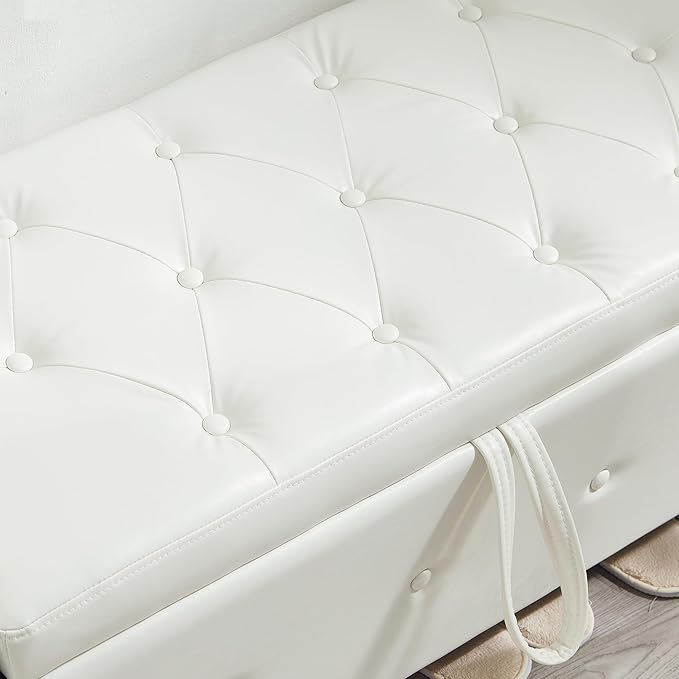 Furniliving Storage Bench, 48‘’ Upholstered PU Leather Ottoman Bench with Button-Tufted, Folding Bedroom Bench with Wood Legs, Entryway Bench for Bedroom, Cream White