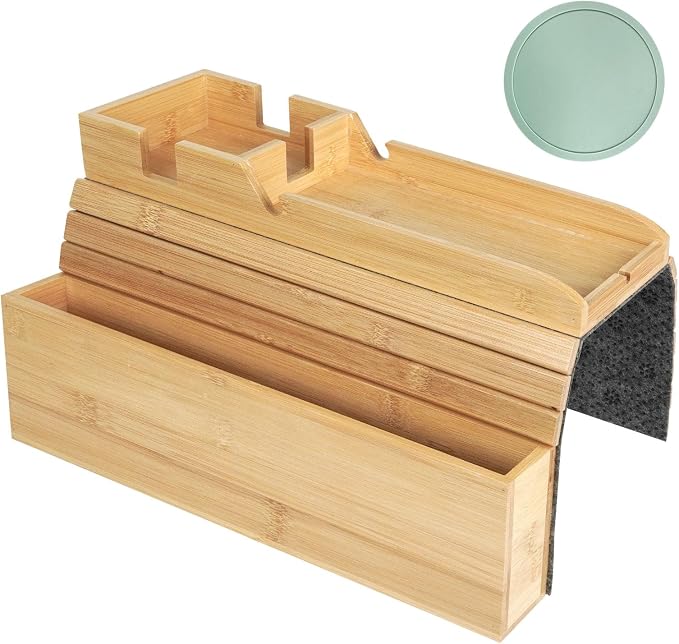 Bamboo Foldable Sofa Armrest Tray with Storage, Anti-Slip Cup Holder & Coaster, Splash-Proof Remote Caddy for Snacks and Phones.Fits 4-6 Inch Flat and Mini Curved Sofa Armrest for Home Living Room
