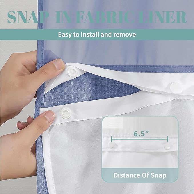 MoonLightBlue Long No Hook Waffle Weave Shower Curtain with snap-in Liner Replacement, 230GSM Waterproof Fabric Hotel Shower Curtain Set for Bathroom, Through Mesh Top Window,71Wx80H