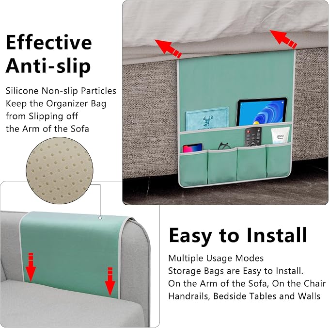 Remote Control Holder for Armchair Caddy, Couch TV Remote Holder for Bed Storage 5 Pockets，Remote Caddy Bedside Organizer Bedside Table Organizer (MintGreen, 35''x18'')