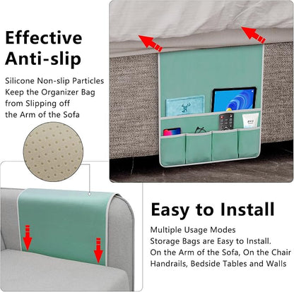 Remote Control Holder for Armchair Caddy, Couch TV Remote Holder for Bed Storage 5 Pockets，Remote Caddy Bedside Organizer Bedside Table Organizer (MintGreen, 35''x18'')