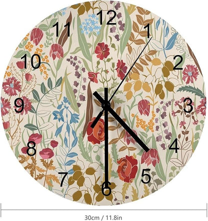 Retro Floral Wood Wall Clock, Vintage Flowers Botanical Garden Plants Herbs William Morris Style 12 Inch Silent Non-Ticking Battery Operated Round Clock for Bedroom Living Room Office Kitchen Decor