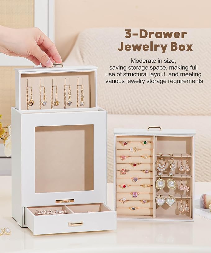 Mothers Day Gifts Homde Jewelry Organizer Girls Women Jewelry Box for Necklaces Rings Earrings Gift Bracelets Storage Case (White + Gold)
