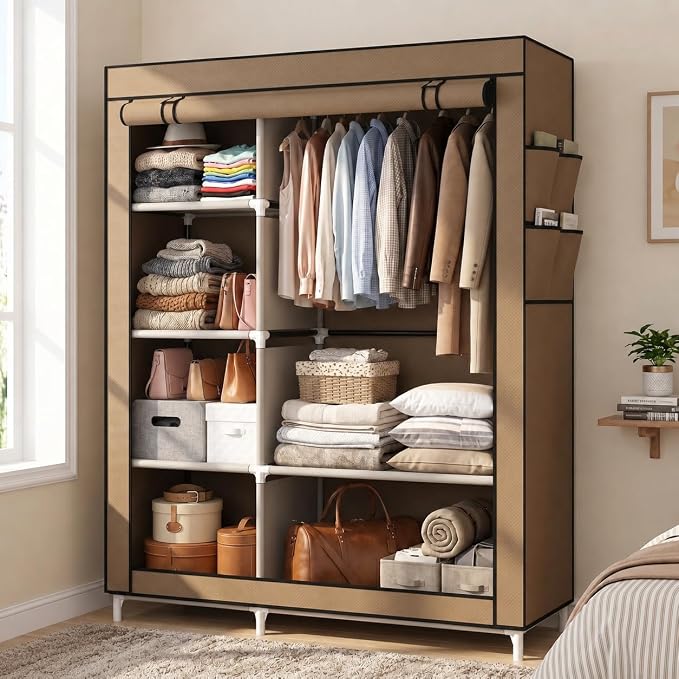 Calmootey Portable Closet Organizers, Clothing Storage, Wardrobe with 6 Shelves and Hanging Rod, Non-Woven Fabric Cover with 4 Side Pockets, Brown