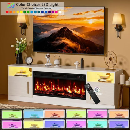 PRETZI Fireplace TV Stand with 36" Fireplace Up to 80" TVs, 70" Entertainment Center with LED Lights, Remote Control, TV Media Console with Storage Cabinets for Living Room, White