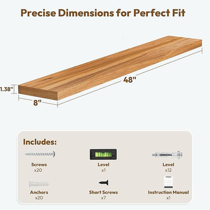 Vivelove Elm Wood Floating Shelves, Wooden Shelves for Wall with Invisible Bracket for Living Room Bedroom Bathroom Office Book, Rustic Farmhouse Decor Storage & Display, 48 Inch Set of 1- Natural