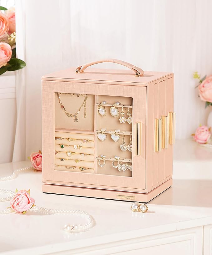 Homde Jewelry Box 360° Rotating, Necklace Earring Organizer with Transparent Window, Mirror, 7 Drawers, Large Ring Display Storage Case for Girls Women (Peach Pink)