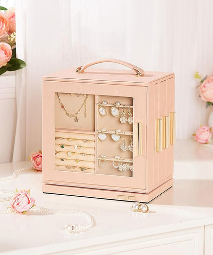Homde Jewelry Box 360° Rotating, Necklace Earring Organizer with Transparent Window, Mirror, 7 Drawers, Large Ring Display Storage Case for Girls Women (Peach Pink)