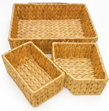 Natural Water Hyacinth Storage Baskets, 3-Piece Handwoven Nesting Organizer Set, Decorative Woven Containers for Bathroom, Kitchen, Living Room (Set 3 Rectangular Baskets – No Lids)