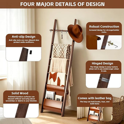 Wooden Blanket Ladder 6-Tier Farmhouse Rustic Blanket Holder with Synthetic Leather Bag, Decorative Stand with Removable Hooks Quilt Towel Rack for Home Living Room Bedroom Decor Brown