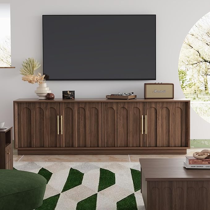 FORTUNETEC TV Stand for 75 Inch TV, Mid Century Modern TV Stand with Arched Design, Wood Grain Finish, Media Console with Adjustable Shelves, 67" Entertainment Center for Living Room Bedroom, Walnut