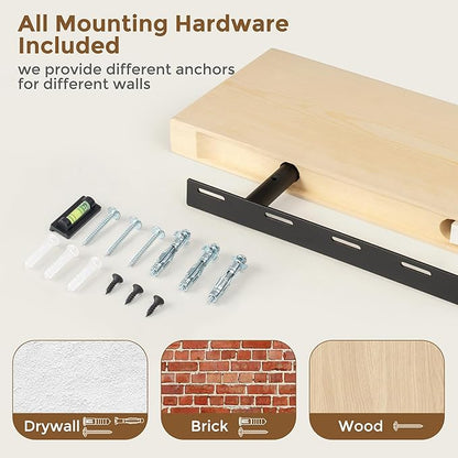 Marsmiles Natural Wood Floating Shelves | Unfinished Wood Wall Shelves Set of 2 | 16" W x 7.7" D x 1.6" H Natural Wooden Shelves for Bathroom Living Room Kitchen