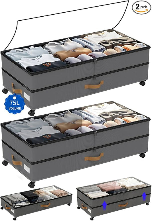 Under Bed Storage with Wheels 2-Pack, 75L XXL Under the Bed Storage Containers Large, 12" Tall Adjustable Storage for Underbed with Lids, Rolling for Clothes, Shoes, Blankets (Grey)