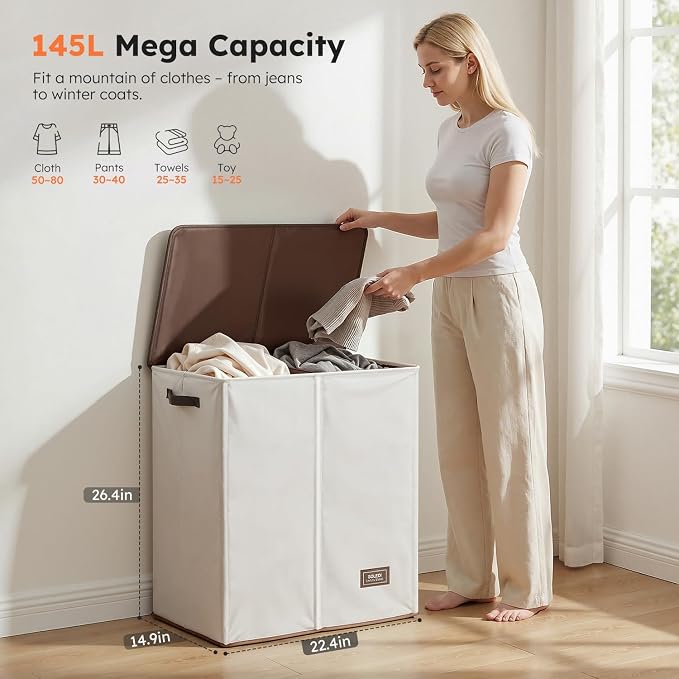 SOLEDI Luxury Double Laundry Hamper with Lid and Removable Bags, 38.3 Gal Large Laundry Bin, Laundry Basket 2 Sections, Collapsible Clothes Hamper for Bedroom, Laundry Room, Bathroom, Off-white