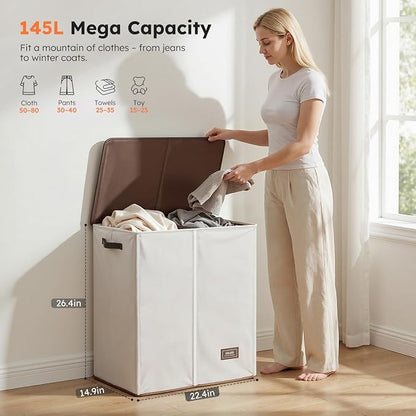 SOLEDI Luxury Double Laundry Hamper with Lid and Removable Bags, 38.3 Gal Large Laundry Bin, Laundry Basket 2 Sections, Collapsible Clothes Hamper for Bedroom, Laundry Room, Bathroom, Off-white