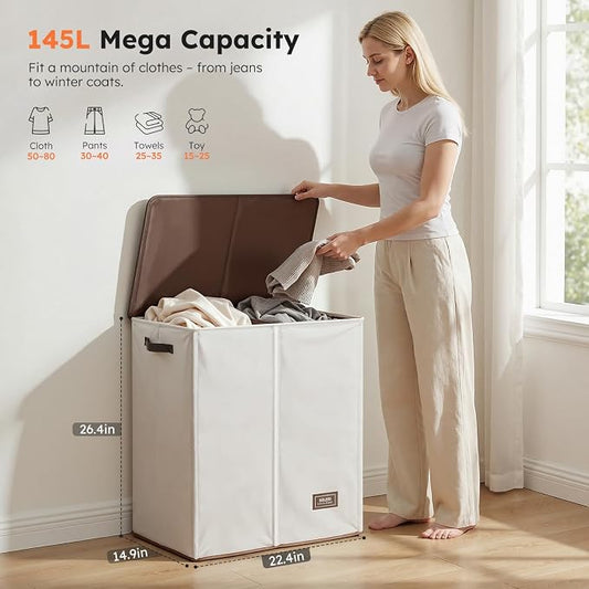 SOLEDI Luxury Double Laundry Hamper with Lid and Removable Bags, 38.3 Gal Large Laundry Bin, Laundry Basket 2 Sections, Collapsible Clothes Hamper for Bedroom, Laundry Room, Bathroom, Off-white