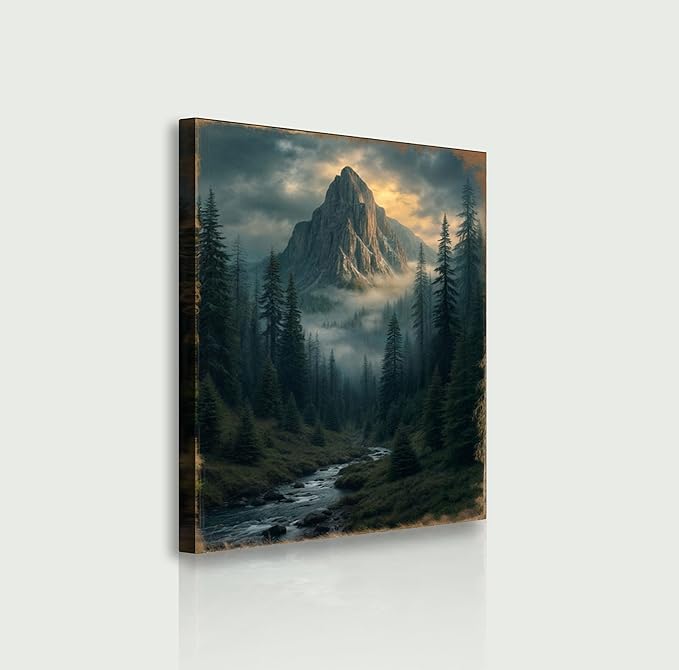 TAILORED CANVASES Sanctuary of the Peak Wall Art Mountain Landscape Featuring Misty Mountain Scene, Black and White Mountain with River, Nature Canvas Decor for Living Room Bedroom Office 12x18