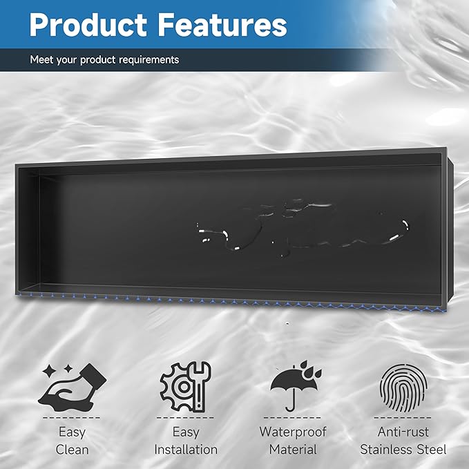 Shower Niche Insert Tile Ready, Bathroom Livingroom Wall Niche, Long Shower Niche 37" X 13", Black, No Tile Needed Over Mount Installation