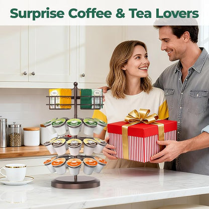 EsLuker.ly K Cup Holder Coffee Pod Organizer Carousel for Countertop, Rotatable Metal 4-Tier Storage Rack Stand for 30 K Cups & Tea Bags, Convenience Meets Elegance, Coffee Brown