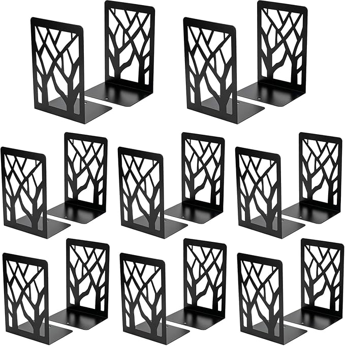 MaxGear Book Ends Tree Design Modern Bookends for Shelves, Non-Skid Bookend, Heavy Duty Metal Book Stopper for Books/CDs, Decorative Books Shelf Home, 7 x 4.7 x 3.5”, Black, 8 Pair/16 Pieces, Large
