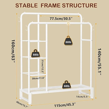 Double Rods Clothes Rack Clothing Rack with 4 Tier Storage Shelves Clothes Rack for Hanging Clothes Multifunctional Heavy Duty Clothes Organizer with Hooks for Bedroom,Wardrobe Closet,Shop,White