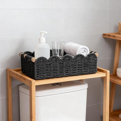 Black Scalloped Edge Storage Baskets with Wood Handle, Set of 2 – Decorative Paper Rope Organizer Bins for Bathroom, Shelf & Countertop