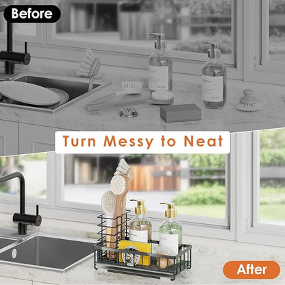 OVICAR Kitchen Sink Caddy Sponge Holder - Instant-Dry Sink Organizer with Brush Holder - Waterproof Soap Dispenser Non-Slip Countertop Organizer Storage for Kitchen Bathroom Black