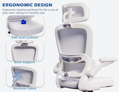 TRALT Ergonomic Office Chair - Desk Chair with Adjustable Headrest Lumbar Support Computer Chair - Mesh Comfy Chair with Flip-up Armrests - Gaming Chairs for Adults Home Office (Leather, White)