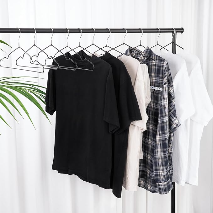 16 Inch Black Rubber Coated Metal Hangers 50 Pack with Shoulder Notches, Heavy Duty, Non-Slip, Space Saving Closet Organizer for Suit, Shirt, Coat, Dress, Camisole, Pants