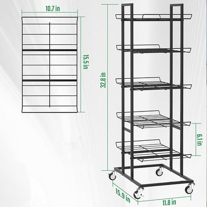 Water Bottle Organizer 5 Tier Water Bottle Holder Freestanding Storage Rack with Wheels Metal Drink Beverage Soda Can Organizer Shelf Stand for Floor Pantry Kitchen Classroom Food Storage, Black